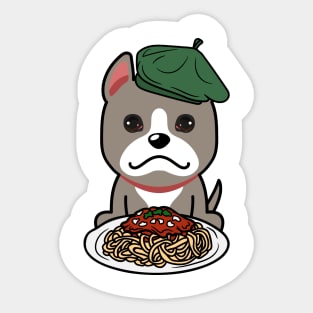 Cute grey dog eating spaghetti Sticker